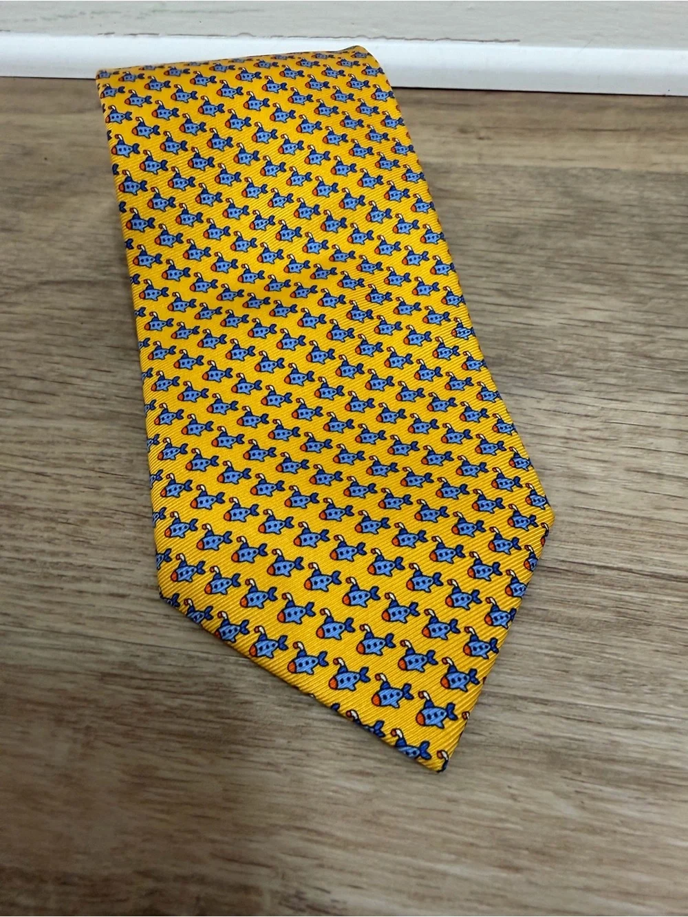 Jos. A. Bank Yellow Tie with Small Blue Fish Pattern